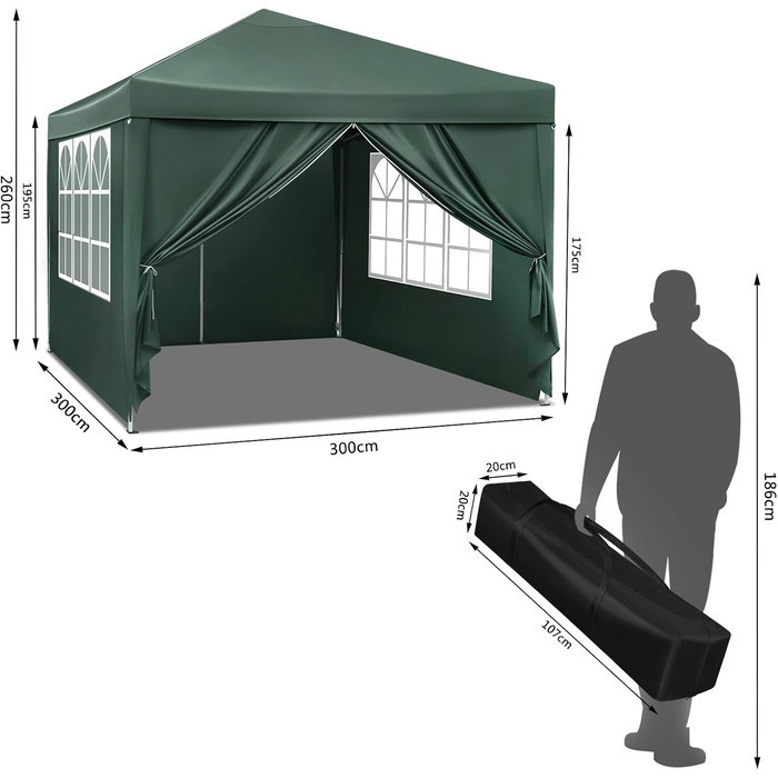 Павільйон WOLTU Pop-Up водонепроникний складаний тент 3x3 м із боковинами, металевий каркас, оксфорд, для саду, тераси, кемпінгу, фестивалів, зелений