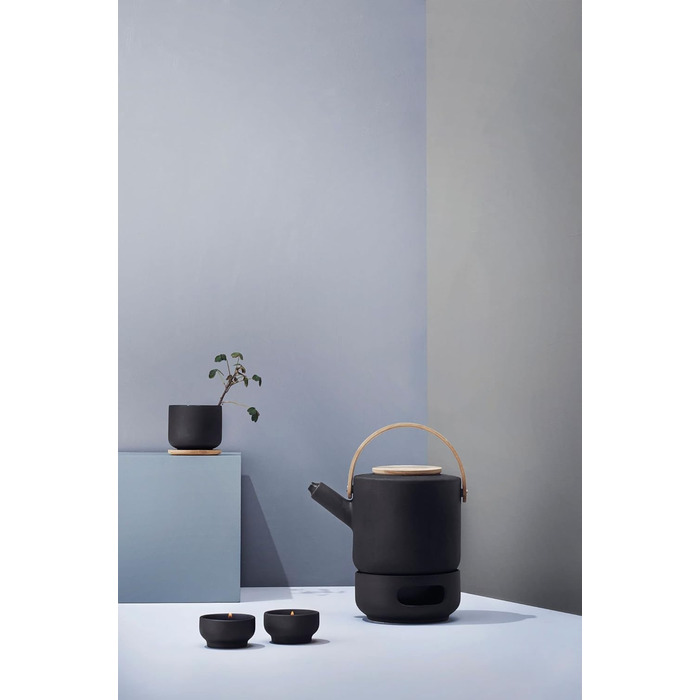 Stelton Teapot Theo - Rustic stoneware teapot, lid & handle made of bamboo - Modern Scandinavian design, cast iron finish - Stylish tea accessory - 22x16 cm, 1.25 liters, Black & Brown Teapot Black