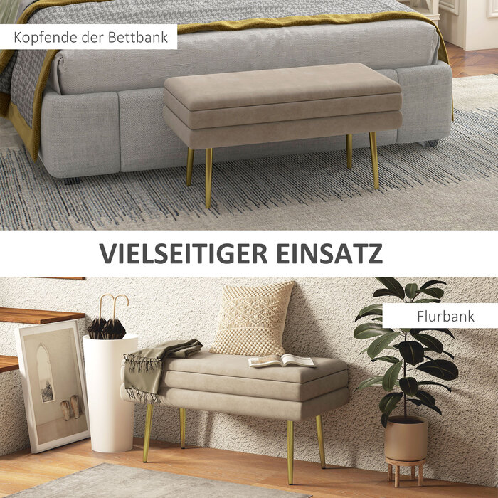 HOMCOM Bench, Upholstered Bench with Storage, Velvet-Look, Bed Bench with Steel Legs, Shoe Bench, Storage Bench for Living Room, Bedroom, Beige, 79.5 x 37.5 x 43 cm | Aosom