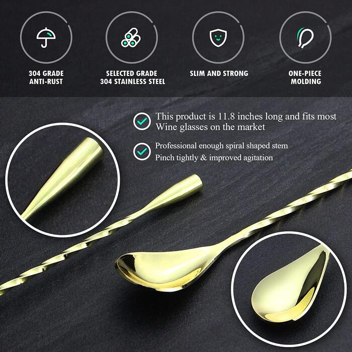 Якісний барний мішалка для коктейлів YFWOOD з нержавіючої сталі, довгий руків'я, стильний спіральний дизайн, ідеально для барменів та дому (Золотий)