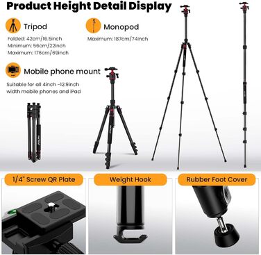 Штатив MACTREM 187 см (74 дюйми) з кульковою головкою 360° - штатив для камери, смартфона, iPad, Canon, Nikon, Sony, телескопа, лазерного рівня