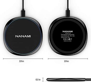 Бездротовий зарядний пристрій NANAMI 20W USB-C PD з адаптером, швидка бездротова зарядка 10W для Samsung Galaxy S25/S24/S23/S22/S21 Ultra Plus, 7.5W для iPhone 17/16/15/14/13/12/11 Pro та Airpods (Чорний)