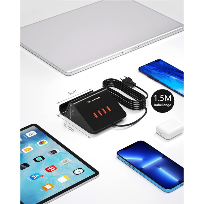 Багатопортова USB зарядка POANES 25W, 4 порти для iPhone, Samsung, LG, Huawei та інших (чорний)