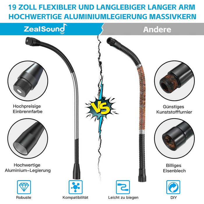 Кріплення для мікрофону Zealsound – регульований штатив-«лебідь» з кріпленням, адаптер 3/8' на 5/8', міцна клямка для столу, сумісний з Blue Snowball, Ice, Spark, SoloCast, 33 см (T19-19 см, лише кріплення)