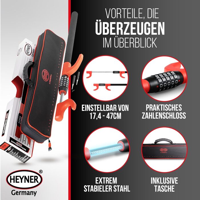 HEYNER® Блокіратор керма з кодовим замком, протиугінний пристрій для авто, вантажівок і фургонів, 5-значний код, з чохлом, подовжений