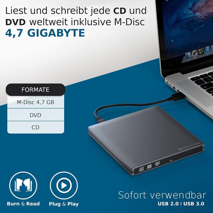 Зовнішній USB 3.0 DVD/CD привід-записувач techPulse120, портативний Slim Drive CDRW/DVDRW для ноутбука та ПК, алюміній, сірий