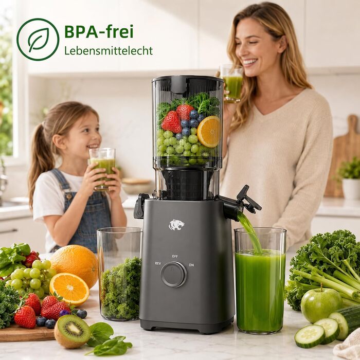 Шнекова соковижималка Slow Juicer для овочів та фруктів з широким завантажувальним отвором 120 мм, холодний віджим, функція самонарізання, 2 сіта, BPA-free