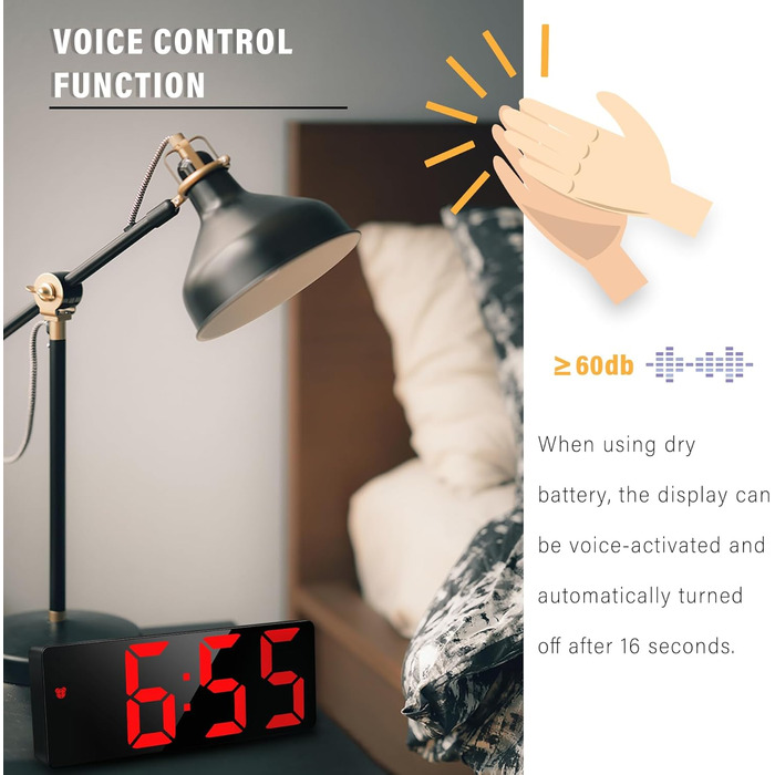 Цифровий будильник JQGO з LED дисплеєм, USB-кабель, регулювання яскравості, показник температури, функція відкладання, голосове керування, для спальні, червоний