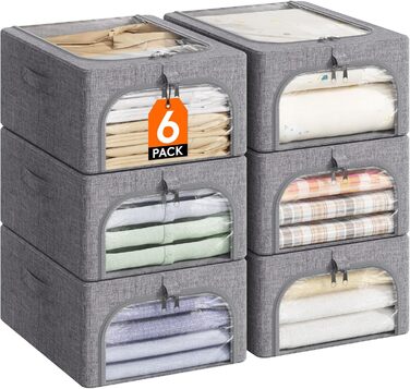 Lifewit 6-Piece Clothes Storage Containers with Metal Frame, Foldable Storage Box with Lid, 25L Stackable Storage Bags Fabric Containers Organizer with Clear Window, Sturdy Handles