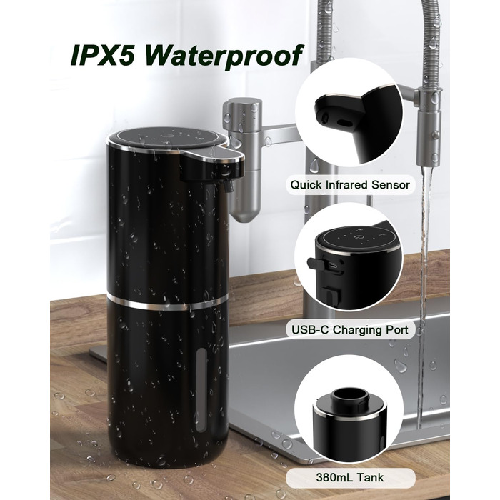 Автоматичний диспенсер для мила Dalugo USB-C, електричний сенсорний дозатор мила, 4 рівня, для кухні та ванної кімнати, білий