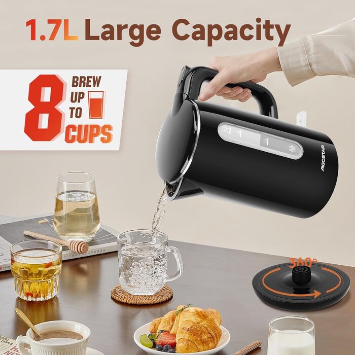 Електричний чайник Aigostar з нержавіючої сталі, чорний, 1.7 л, 2200 Вт - Швидкий кип'ятіння, подвійні стінки, без пластику, індикатор рівня води, автовимкнення, BPA-free, для кухні та офісу