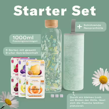 waterdrop® Mother's Day Gift Set - Glass Bottle 1 Liter incl. 18 sugar-free Drops - Gift for Women - Sampler Pack with Water Bottle, Flavor Drops & Vitamins - Carbonated Water Suitable Bottle