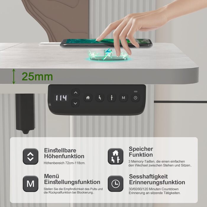 Devoko Adjustable Height Electric Standing Desk with Wireless Charger, Memory Control & Power Outlet - 160x80cm Grey