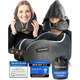 Подушка для шиї Comfy від HELDENWERK для подорожей: Memory Foam, 6-позиційна, для авто/літака, зручна, дихаюча, миюча (темно-сіра)