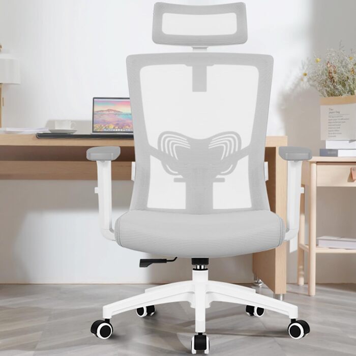 Ергономічне крісло Daccormax для офісу з регульованою підголівником, підлокітниками та підтримкою попереку. Офісне крісло, поворотне, з функцією гойдання, mesh-сидіння, для спини, до 150 кг (сірий)