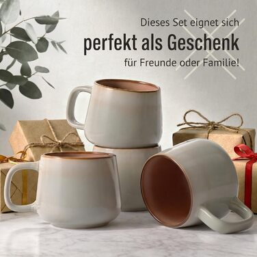 Набір керамічних кавових чашок 4 шт, 470 мл – чашки з фаянсу у скандинавському стилі – великі кавові чашки, чашки для чаю та напоїв – для кави та чаю – підходять для мікрохвильової печі та миття в посудомийній машині, сірий колір