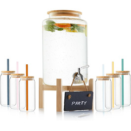 Singer | Punch Bowl Set with Glass Straws and Glasses, Punch Bowl Bowl with Wooden Lid, Drink Dispenser with Tap incl. 6 Glasses, Drink Dispenser for Mulled Wine and Punch, 7.8 Liter Glass Container