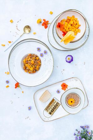 MÄSER Pintar Series, high-quality dining tableware set for 4 people, 16-piece combination service with light glaze, visual brown speckles, and a fine edge in a vintage handmade look, porcelain tableware set brown