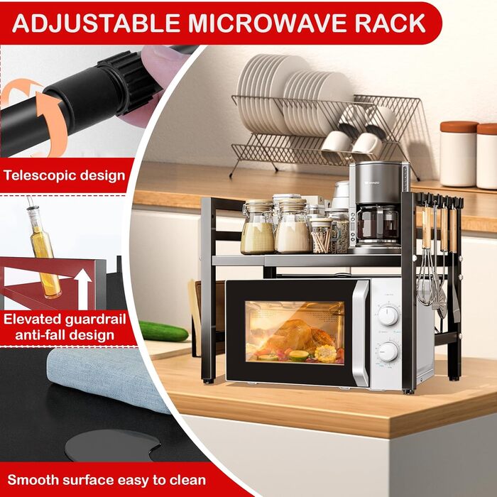 Регульована полиця для мікрохвильової печі UCAMP, розширювана, 2-рівнева, з вуглецевої сталі, для організації кухні, з підставкою для обрізної дошки та 6 гачками (чорна)