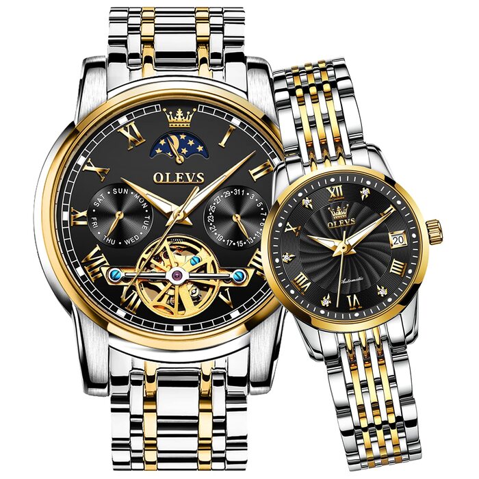 Набір автоматичних механічних годинників для пари OLEVS: чоловічий та жіночий, з календарем та фазами місяця, двоколірні