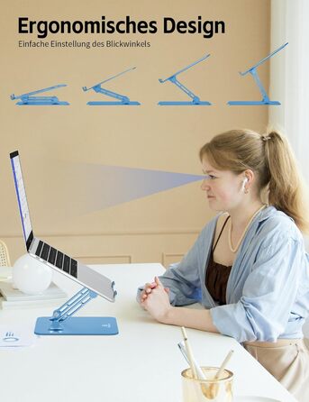 Підставка для ноутбука Ergonomic Aluminium, регульована по висоті та складна, стабільна та неслизька, покращена вентиляція, сумісна з MacBook (до 15,6 дюймів) (Темно-синій)