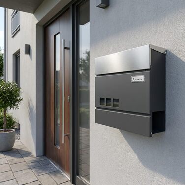 Поштовий ящик антрацит з нержавіючої сталі, з вікном та табличкою для імені, відділення для газет, замок з 2 ключами, настінний поштовий ящик RAL 7016, великий розмір