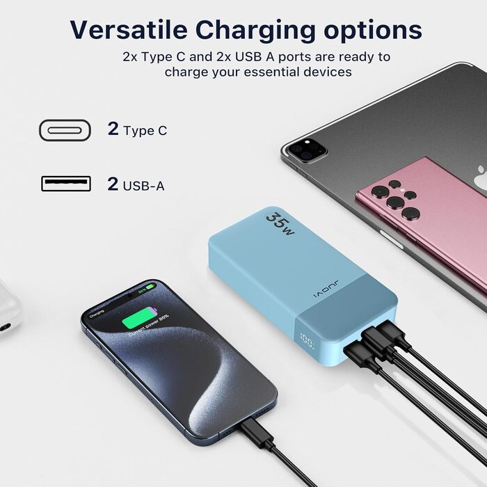 Power Bank JUOVI J2651, 20000mAh, 35W, USB-C, QC3.0+PD3.0, для смартфонів, планшетів та навушників (блакитний)