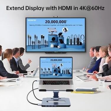 Алюмінієва підставка для ноутбука BENFEI з USB-C 6-в-1 док-станцією, HDMI 4K 60Гц, 4xUSB 3.0, Power Delivery 100Вт, сумісна з MacBook Pro/Air, iPad Pro, XPS, ThinkPad