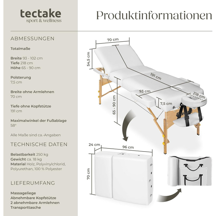 Масажний стіл Tectake® мобільний, склавний, з 3 зонами, 7,5 см товщина матрацу, регульована висота, підголовник та підлокітники, дерев'яні ніжки, сумка для перенесення (без масажних роликів, білий)