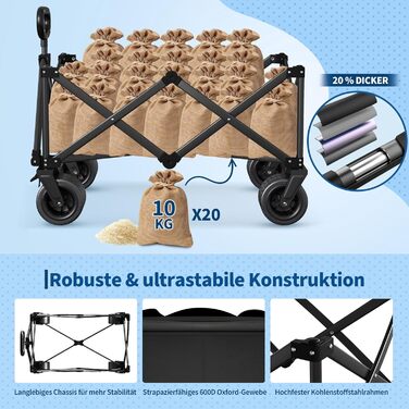 Візок-теліжка складний GarveeLife XXL 200L, 200 кг, гальма, колеса 20 см для пляжу, кемпінгу, саду, чорний