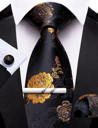Краватки Barry.Wang для хлопчиків, 119.9 см, самов'язування, краватка-хустинка, шкільна форма, випускний, виступ, вік 6-15 років (чорні з золотими квітами)