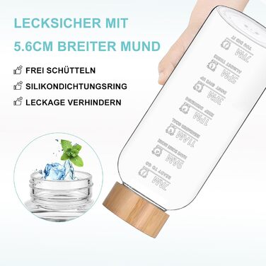 RNCKUUE 2 Liter Glass Bottle, 2l Glass Drinking Bottle, Glass Water Bottle with Filter, Neoprene Sleeve, Bottle Brush (1500 ml, Bamboo Lid)