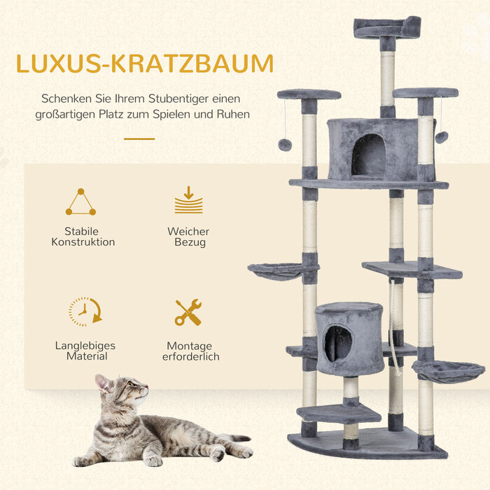 PawHut Драбина для котів велика 200 см XXL, багатоповерхова кімната для котів з гамаками, стійка для великих котів, сірого кольору