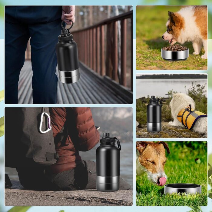 Водяна пляшка для собак на винос 4-в-1, 1000 мл, з мисками для води та корму, з нержавіючої сталі, BPA-Free