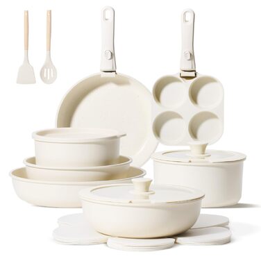 Набір посуду JEETEE 20 предметів з антипригарним покриттям та знімними ручками, для індукційних плит, штабельований, для дому та кемпінгу, жароміцний