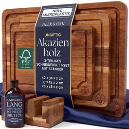 Набір дощок для нарізки Deer & Oak з акації, 3 шт. з підставкою та олією для догляду (250 мл), FSC-сертифікована деревина