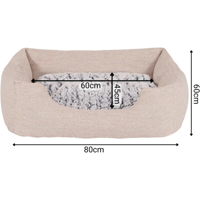 Lionto Dog Cuddler with fluffy reversible cushion, cozy pet bed in heathered design with deep entry for dogs & cats of all sizes, 80x60 cm, soft dog bed, beige