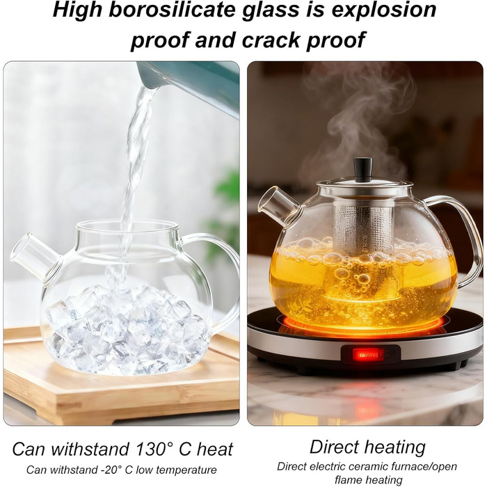 Скляний чайник для заварювання чаю з підставкою-підігрівачем та ситечком, 1500 мл, для листового та фруктового чаю
