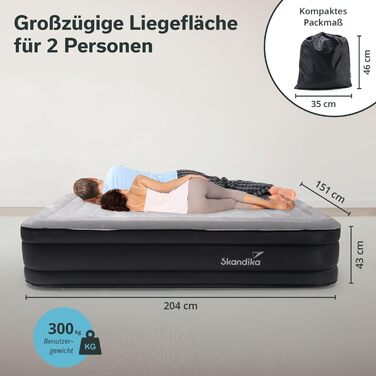 Надувна повітряна матрац Skandika Sveja | Матрац для кемпінгу, самонадувний з насосом, 204 x 151 x 43 см, вантажопідйомність 300 кг, сумка для перенесення | Матраци, намети, кемпінг (2 особи, мережевий адаптер & Smart Air)