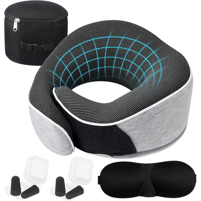 Подушка для шиї Memory Foam, ергономічна, з маскою для очей та навушниками, для подорожей
