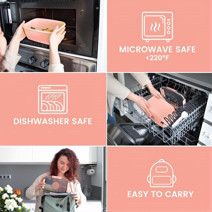 Ланчбокс Bugucat 2000 мл, витікання, Bento Box з відділеннями для дітей, контейнер для салату, набір з виделкою, для школи, пікніка, чорний (2000 мл, темно-рожевий)