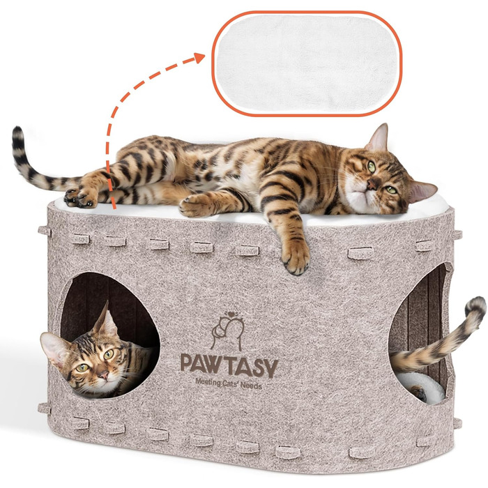 Felt Cat Cave Cat Bed, Cat House for Indoor Cats, Cave with 2 Soft and Warm Cushions, Winter-Proof, Protects Cat Claws, 58W x 33D x 30H cm, Beige