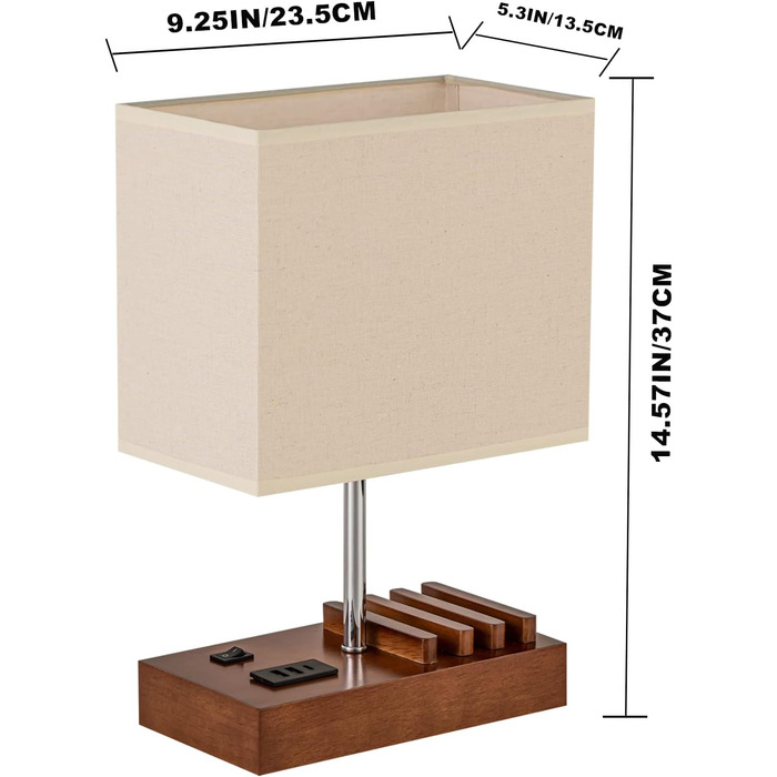 Настільна лампа Dreamholder з 3 USB-портами (A+C), підставкою для телефону, для спальні, вітальні, офісу, з натуральним дерев'яним цоколем та тканинним абажуром (цоколь з горіхового дерева)