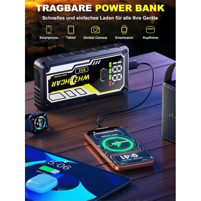 Powerbank для автомобіля 8000A 12V – Пусковий пристрій, бустер для акумулятора, зарядний пристрій для бензинових та дизельних авто (до 10л) з LCD дисплеєм, LED ліхтарем та кабелями для підключення (чорний)