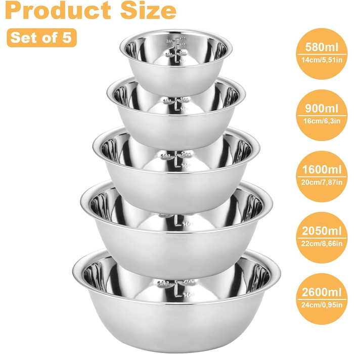 Набір з 5 штук містких металевих чаш GBACHOOSE: 0.58L, 0.9L, 1.6L, 2.05L, 2.6L. Ідеально підходять для приготування, змішування, подачі та зберігання. Зручні, стійкі, легко миються.