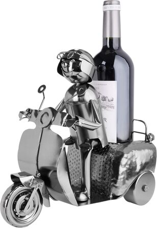 BRUBAKER Wine Bottle Holder Scooter Rider Silver - Metal Sculpture Bottle Stand - 27 cm Metal Figure Wine Gift for Scooter Fans - with Greeting Card