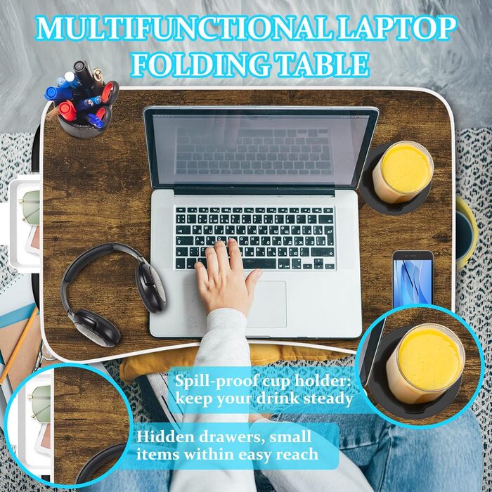 Столик для ноутбука Soontrans з ящиком, 60x40x28 см, з підстаканником та тримачем для планшета, складний, для ліжка та дивана