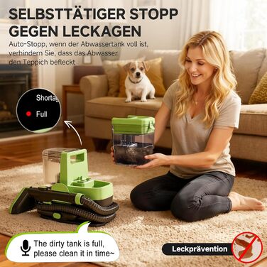 Пристрій для чищення м'яких меблів з гарячою парою та 17KPa - 1800W миючий пилосос для килимів, диванів, автомобілів та сходин - з голосовим управлінням та самоочищенням - 4 насадки, зелений середнього розміру