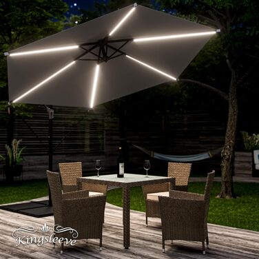 Kingsleeve® Canopy Umbrella LED Lighting UV Protection 80+ Solar Stand Protective Cover 350cm Large Crank Balcony Terrace Garden Umbrella Parasol
