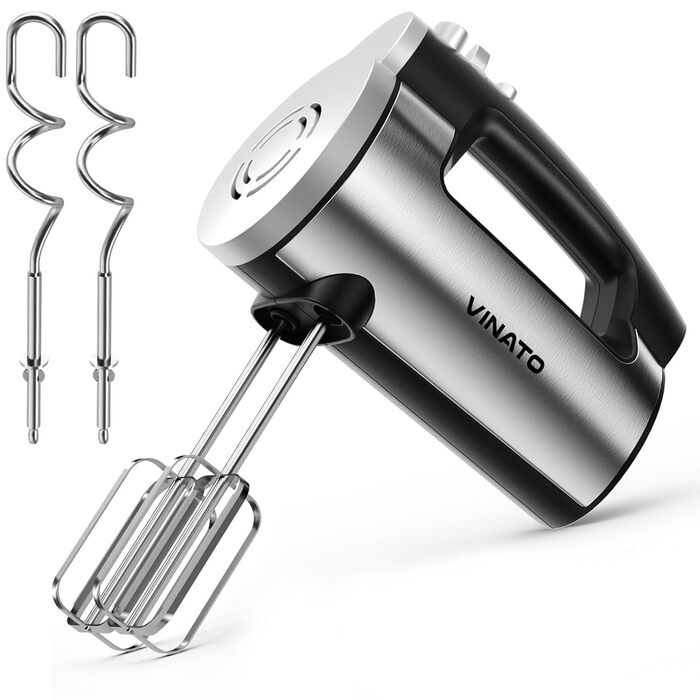 Електричний ручний міксер VINATO 300W з 6 режимами, 2 насадки (венчик та гак) | Для тіста, яєць, збивання вершків, випічки | Потужний, захист від перегріву, срібний